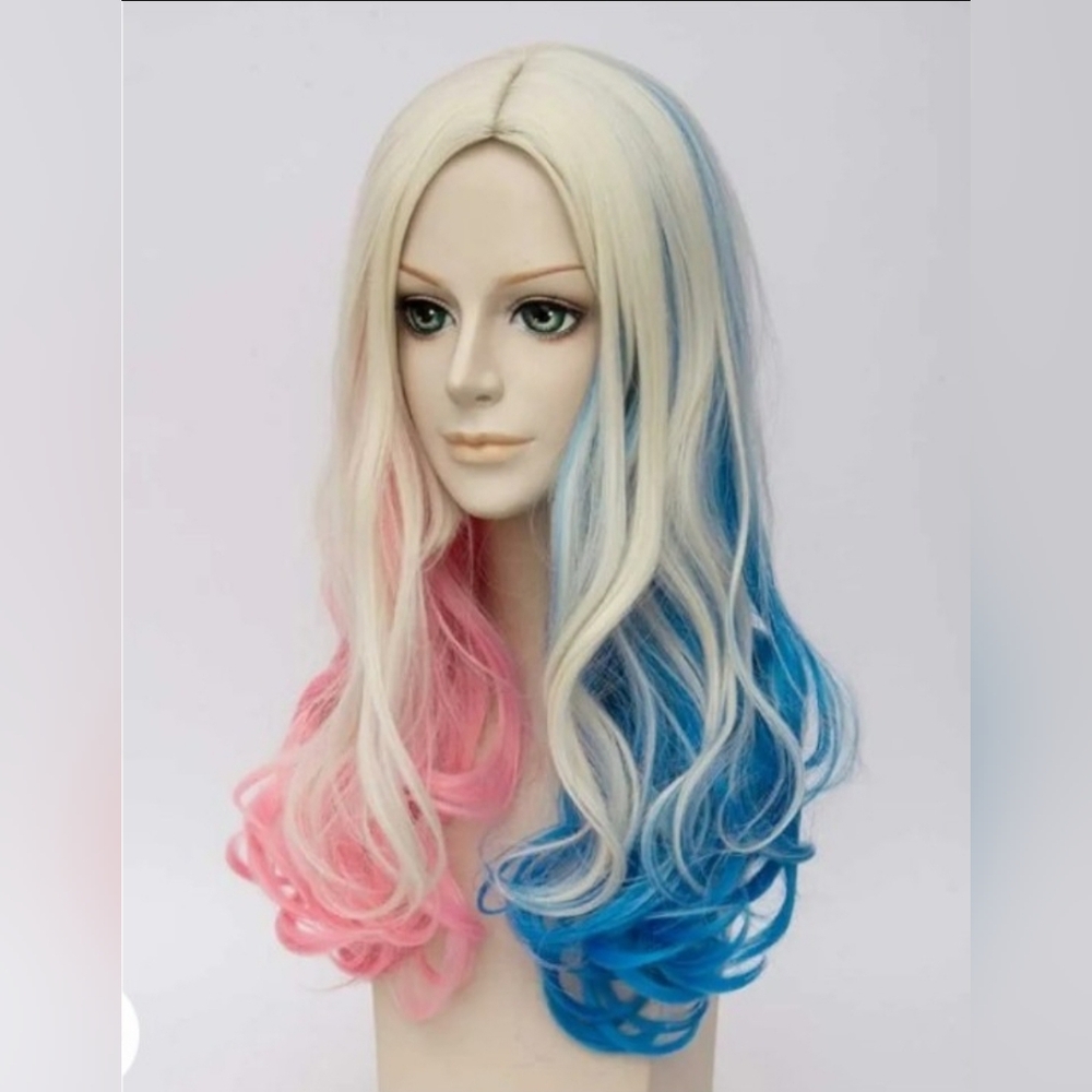 Blonde, Pink, and Blue Ombre Long Curly Halloween Synthetic Wig